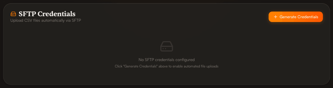 SFTP Credentials card with a Generate Credentials button for uploading CSV files automatically.
